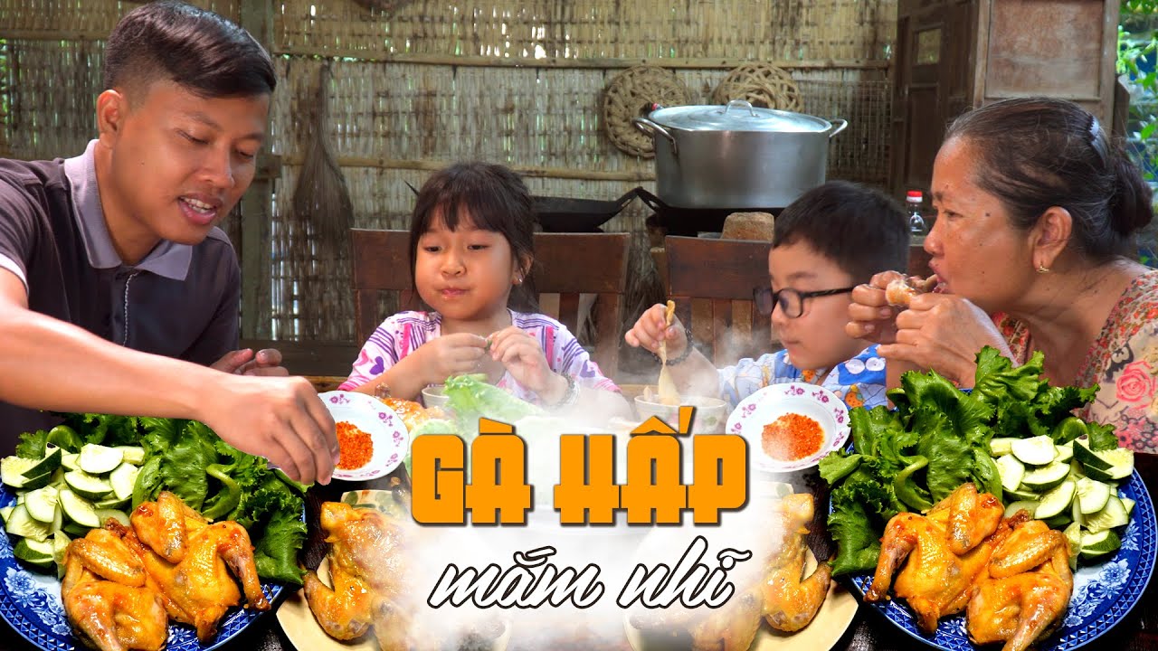 Gà tre hấp mắm nhĩ + rau vườn